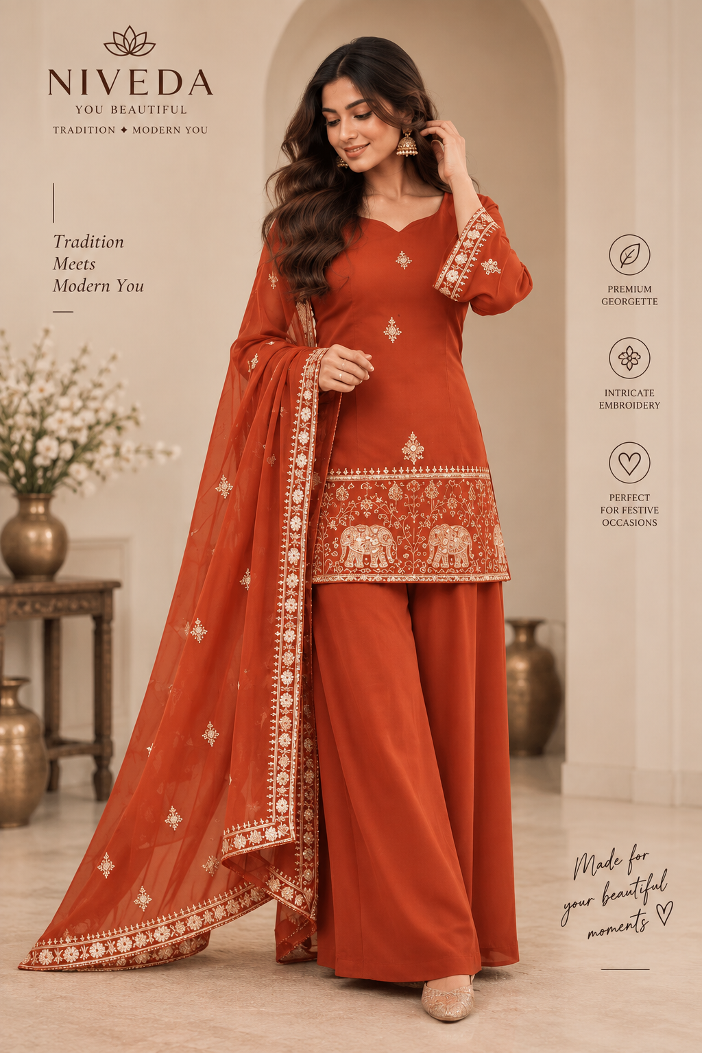 Aabha - Women Orange Silk Kurta Sharara Set with Dupatta