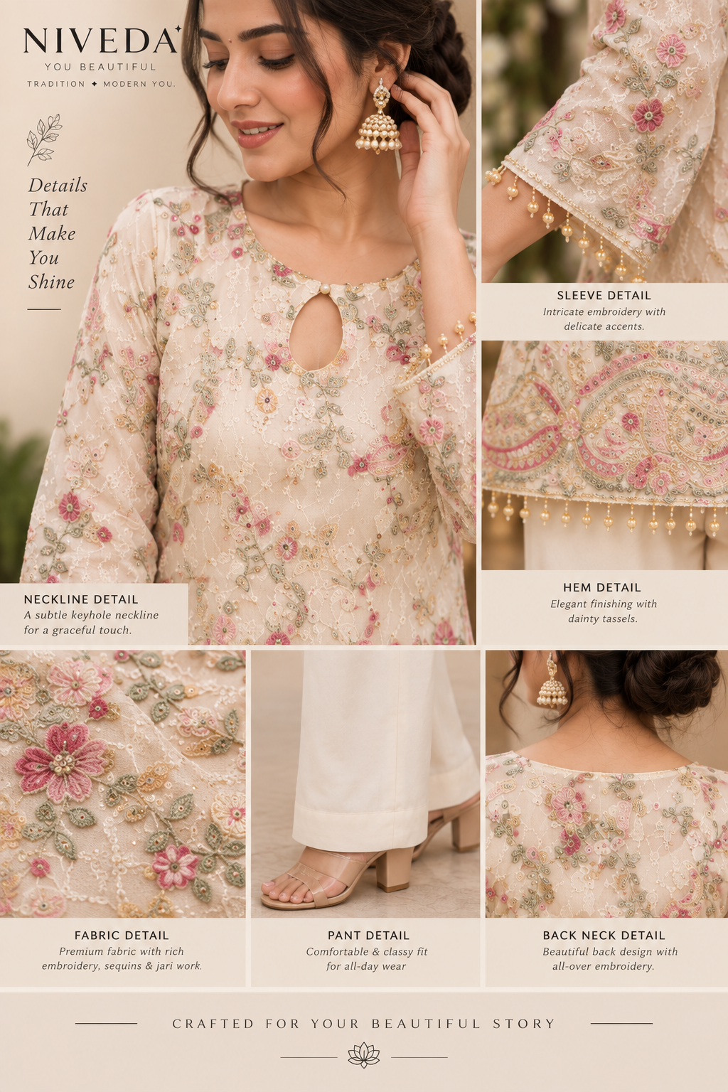 Aarohi - Women Cream Floral Embroidered Crepe Short Kurti Palazzo Set