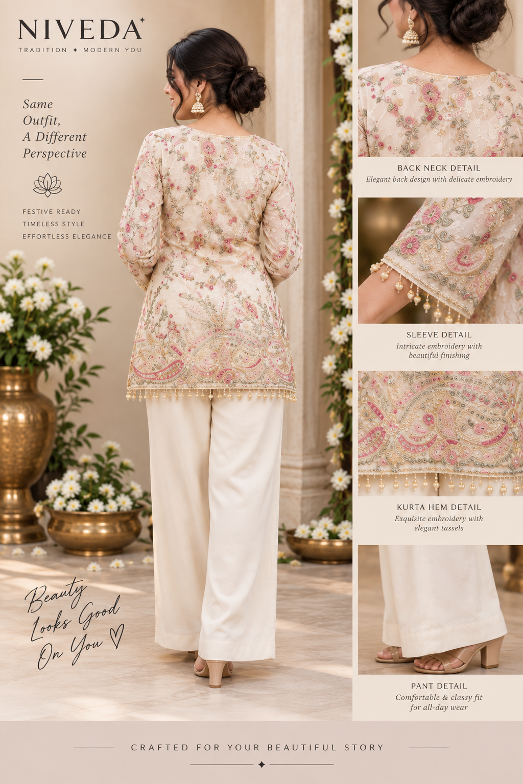 Aarohi - Women Cream Floral Embroidered Crepe Short Kurti Palazzo Set