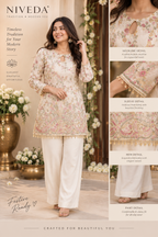 Aarohi - Women Cream Floral Embroidered Crepe Short Kurti Palazzo Set