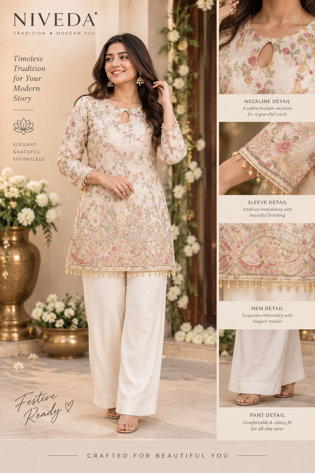 Aarohi - Women Cream Floral Embroidered Crepe Short Kurti Palazzo Set
