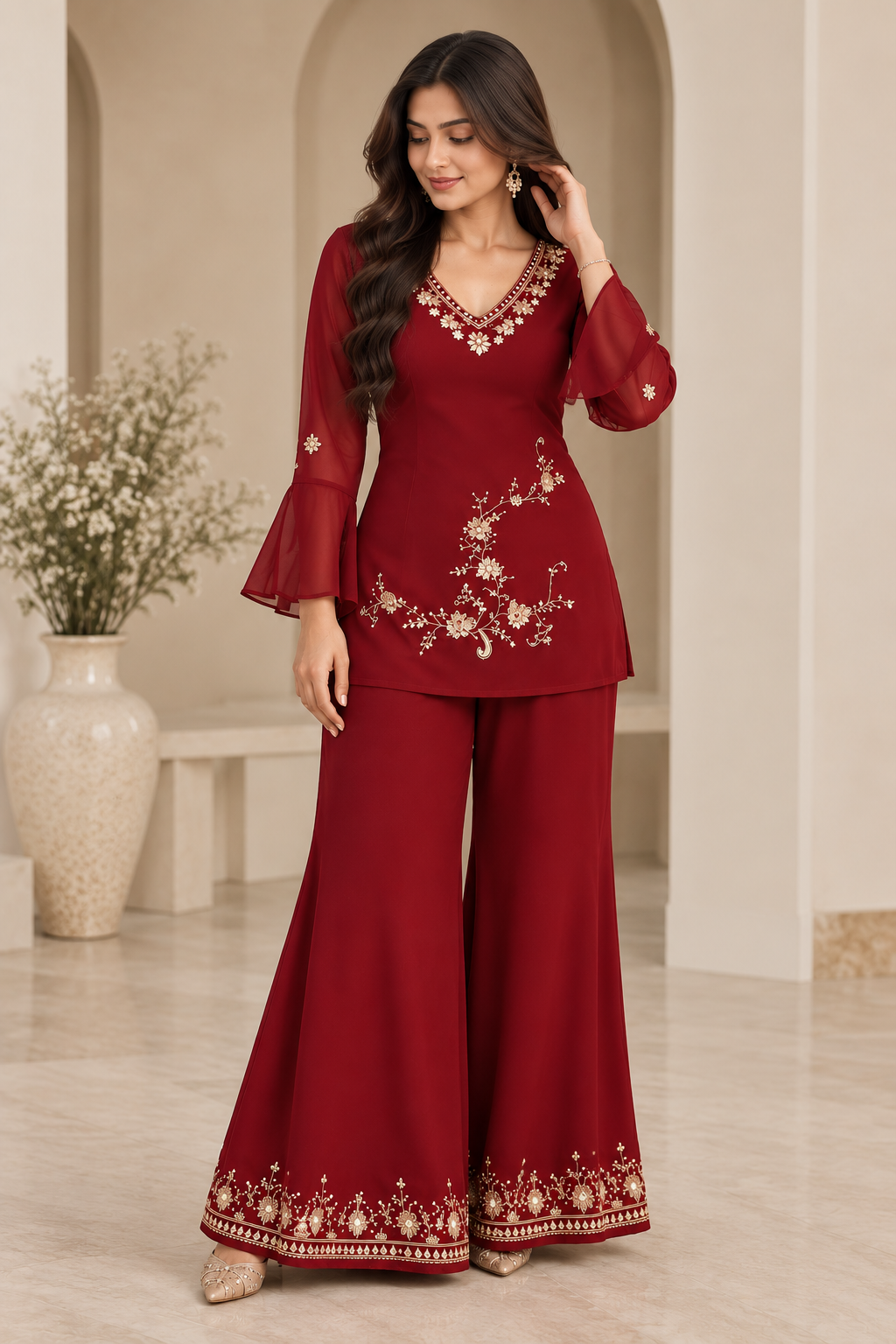 Nayra - Women Maroon Georgette Embroidered Suit Set