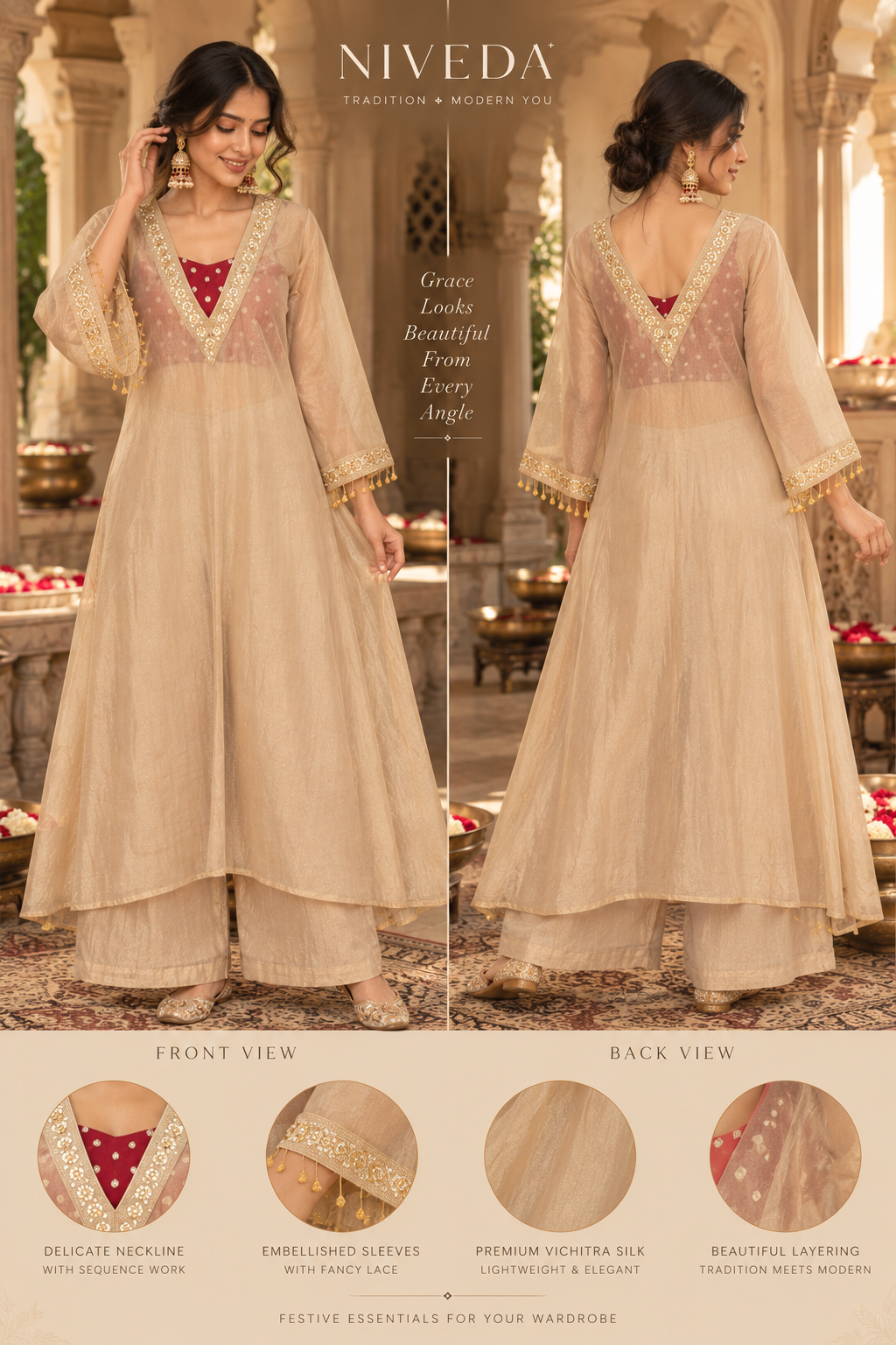 Kanak - Designer Party Wear Golden Tissue Three Piece Kurta Set