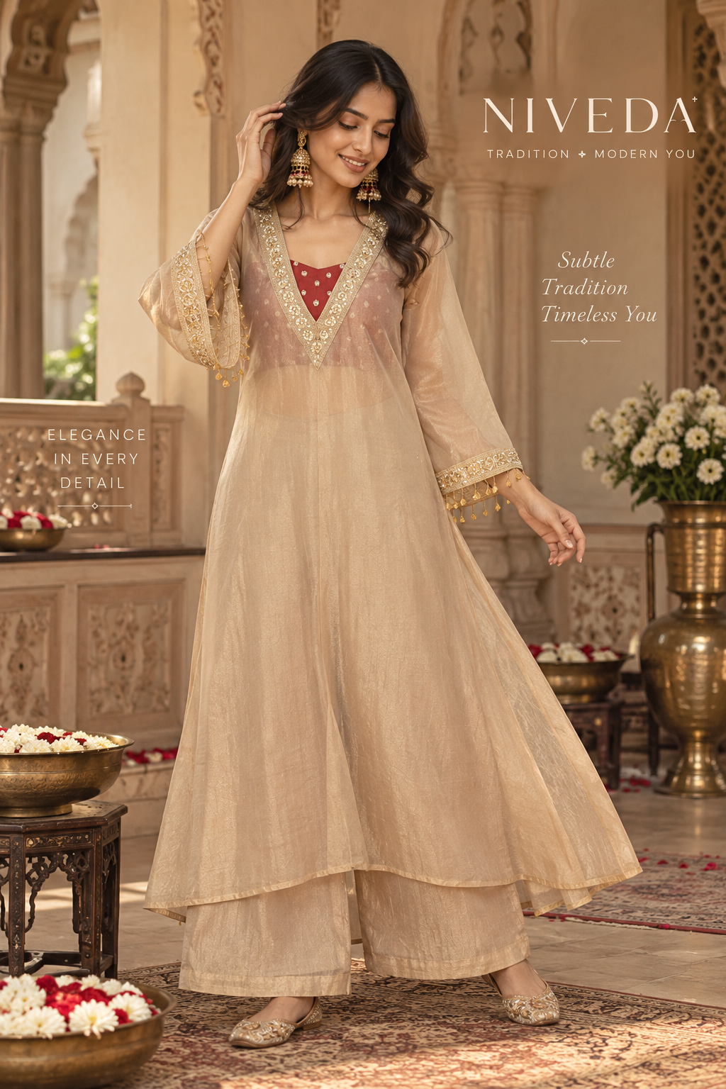 Kanak - Designer Party Wear Golden Tissue Three Piece Kurta Set