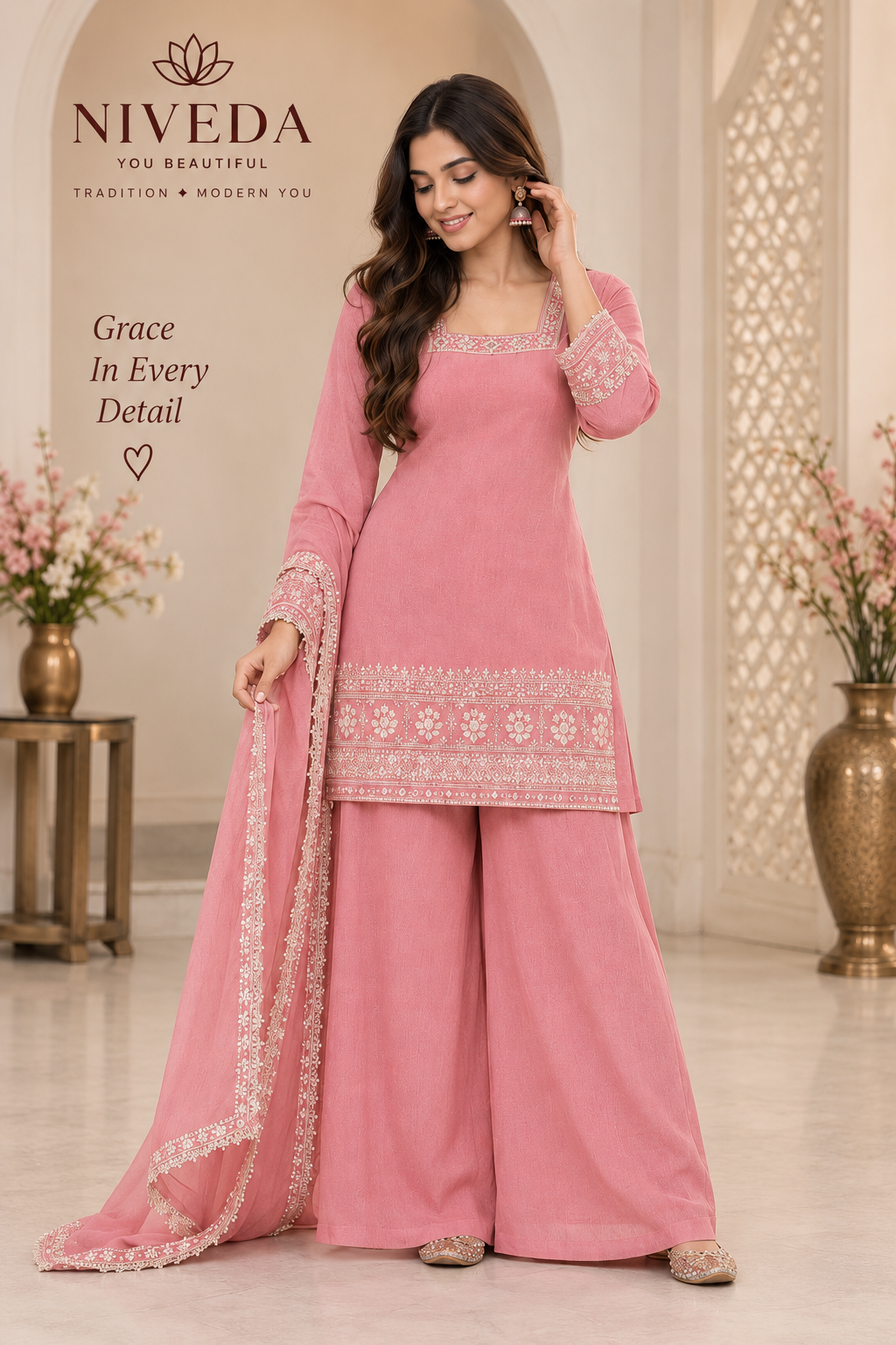 Meher - Party Wear Peach Tussar Silk Kurta Set