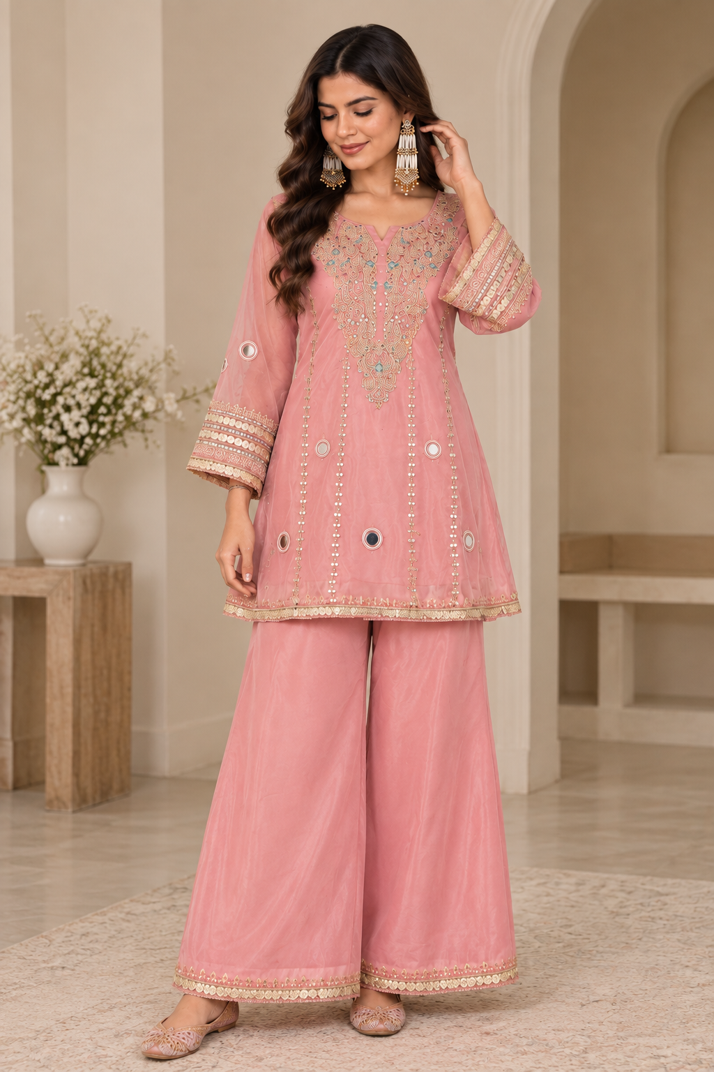 Gulnaar - Women Peach Embroidered Short Kurti Pant Set