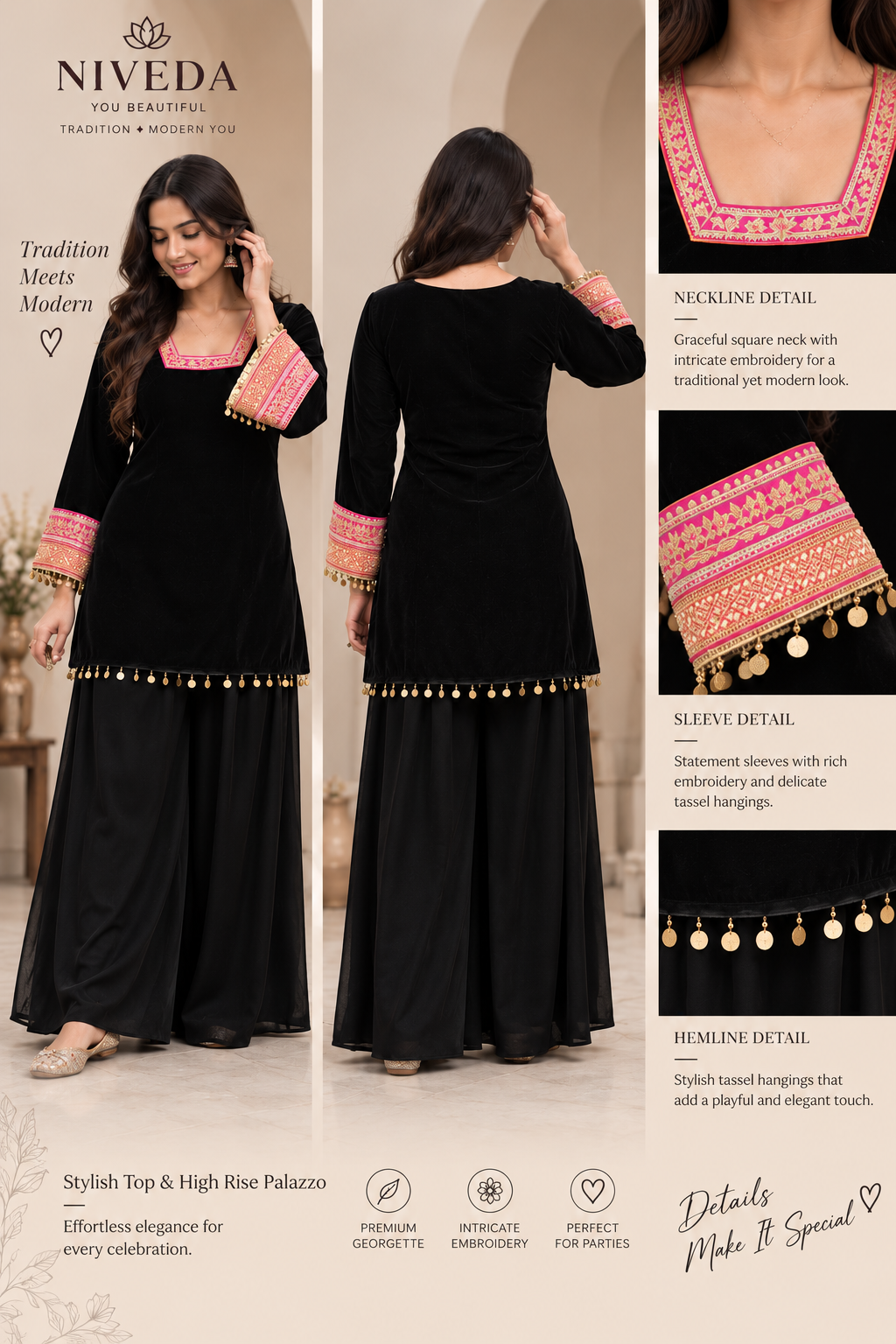Rangrez - Black Georgette Festive Kurti Palazzo Set