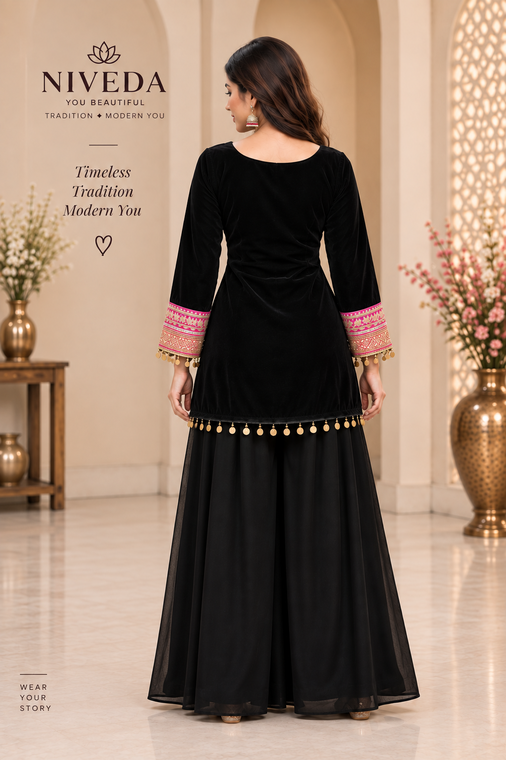 Rangrez - Black Georgette Festive Kurti Palazzo Set