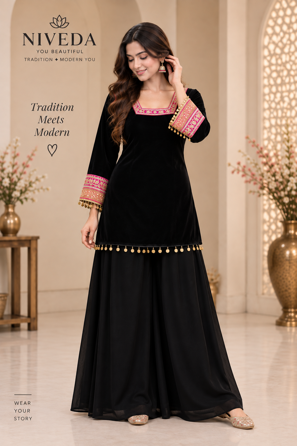 Rangrez - Black Georgette Festive Kurti Palazzo Set