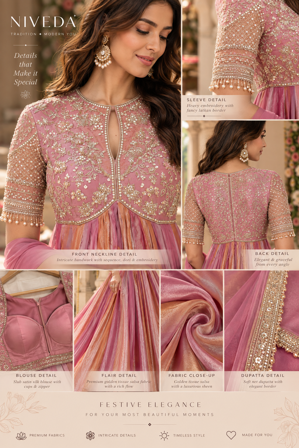 Zarina - Embroidered Moss Silk Gown with Dupatta &amp; Bottom