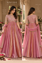 Zarina - Embroidered Moss Silk Gown with Dupatta &amp; Bottom