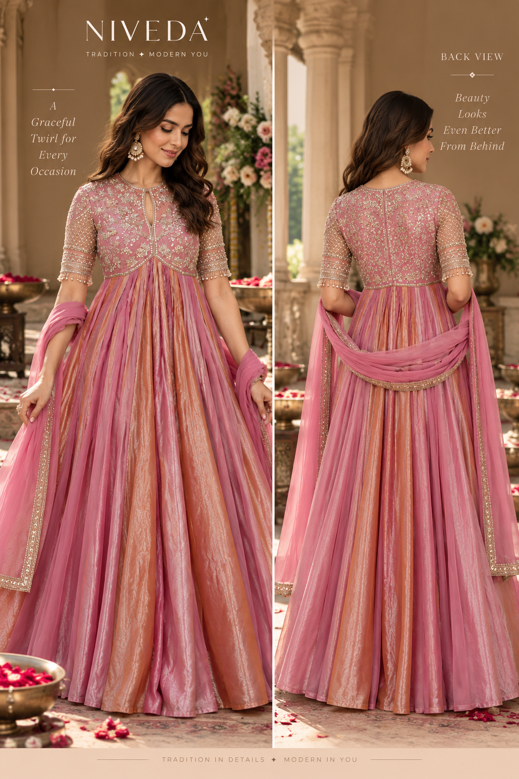 Zarina - Embroidered Moss Silk Gown with Dupatta &amp; Bottom