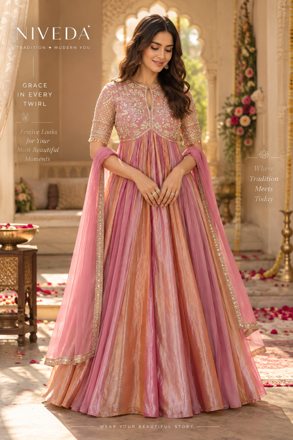 Zarina - Embroidered Moss Silk Gown with Dupatta &amp; Bottom