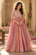 Zarina - Embroidered Moss Silk Gown with Dupatta &amp; Bottom